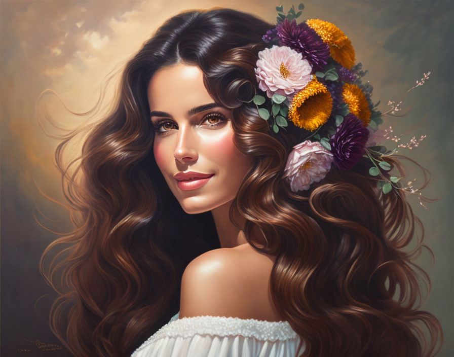 Woman with long, wavy brown hair and flowers in digital painting