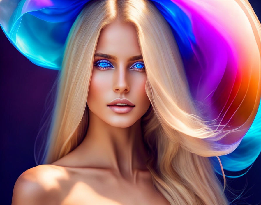 Digitally crafted woman with blue eyes, blonde hair, and swirling aura