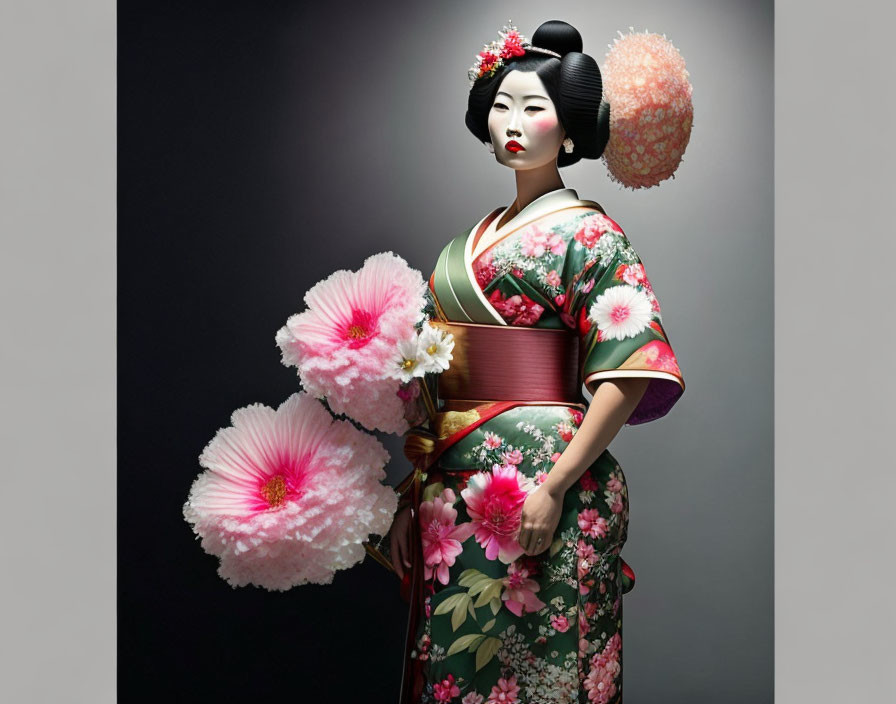 Traditional Japanese Geisha in Floral Kimono with Fan and Elaborate Hairstyle