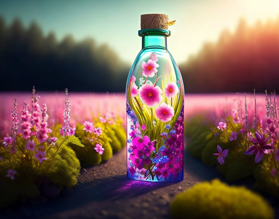 Glass bottle with cork filled with vibrant glowing flowers among blossoming plants at sunset.