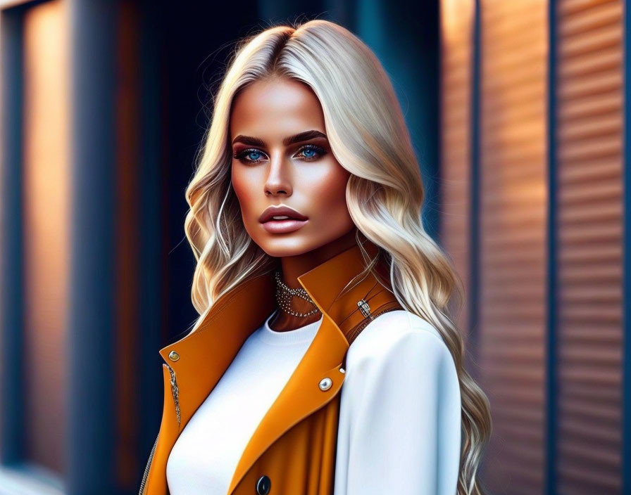 Blonde Woman in White Top and Mustard Jacket Artwork