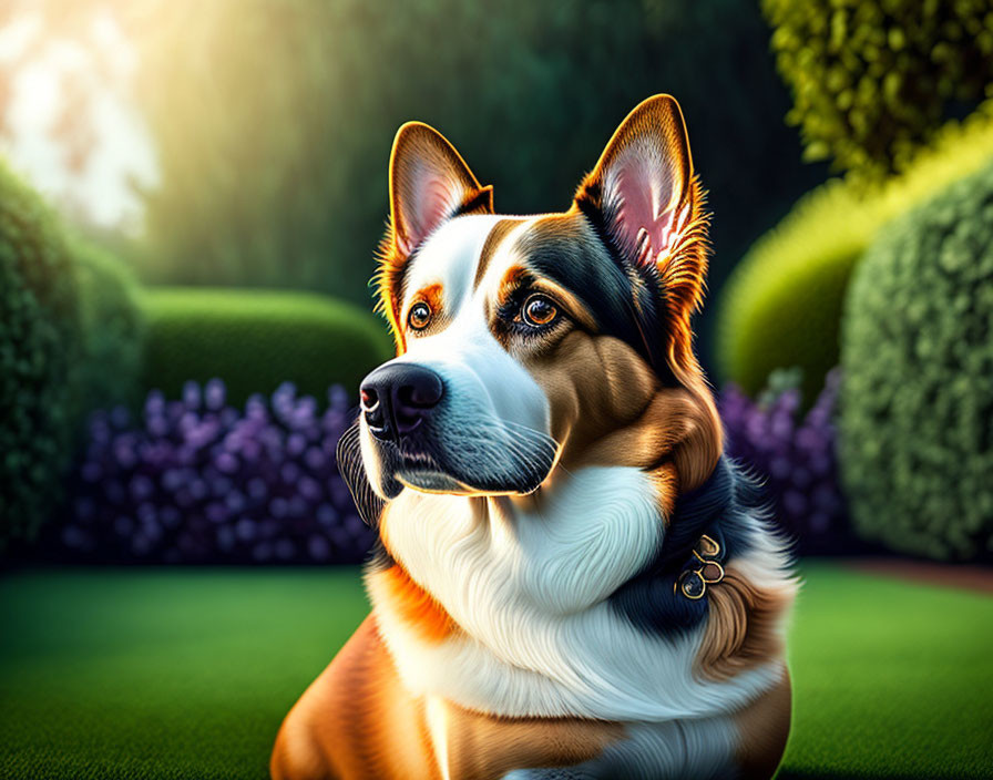 Tri-color dog with perked ears in sunny garden scene