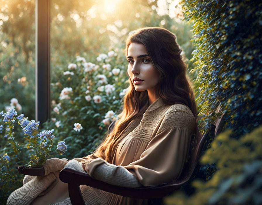 Woman with long hair sitting on bench in lush garden scenery