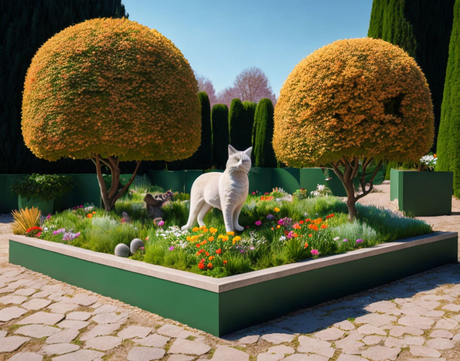 White Cat in Vibrant Flower Garden with Blue Sky