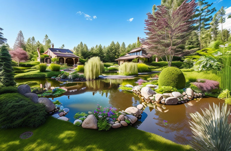 Manicured garden with pond, colorful plants, two houses, blue sky