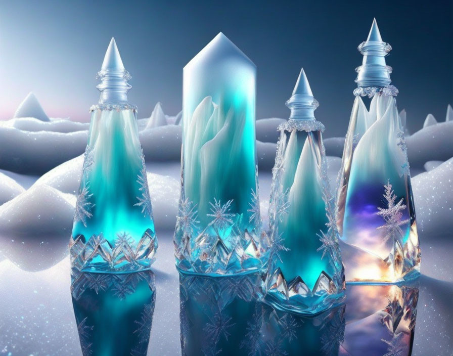 Intricate crystal bottles with blue liquid on snowy backdrop