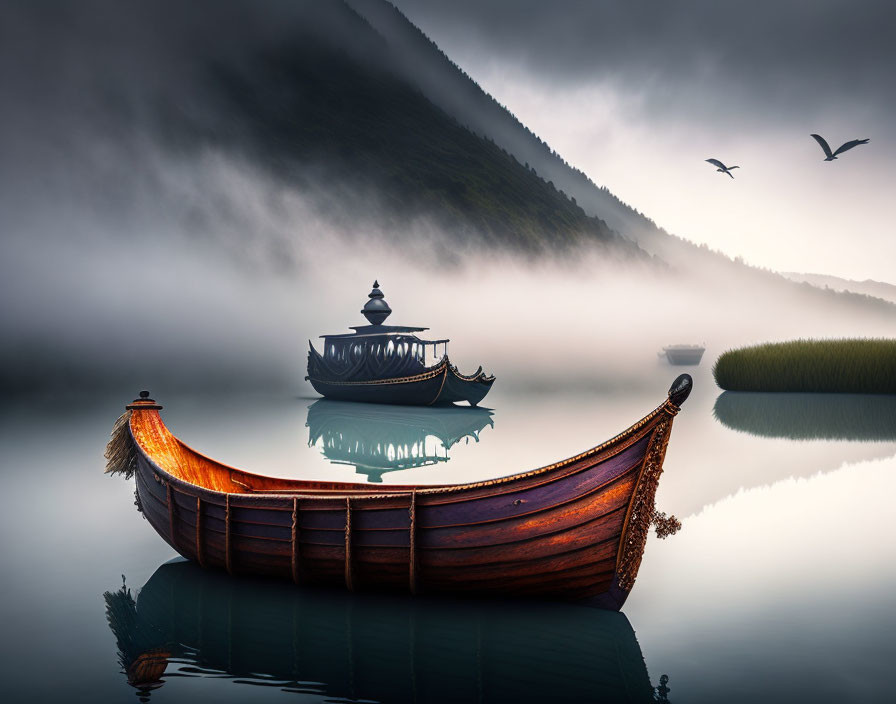 Misty lake with wooden boat, birds, and rolling hills