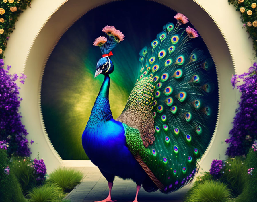 Colorful peacock with vibrant tail feathers in nature setting