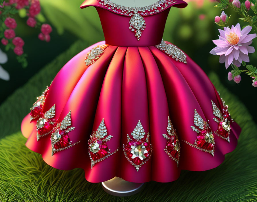 Pink dress with pleated skirt and jewel embellishments on floral background