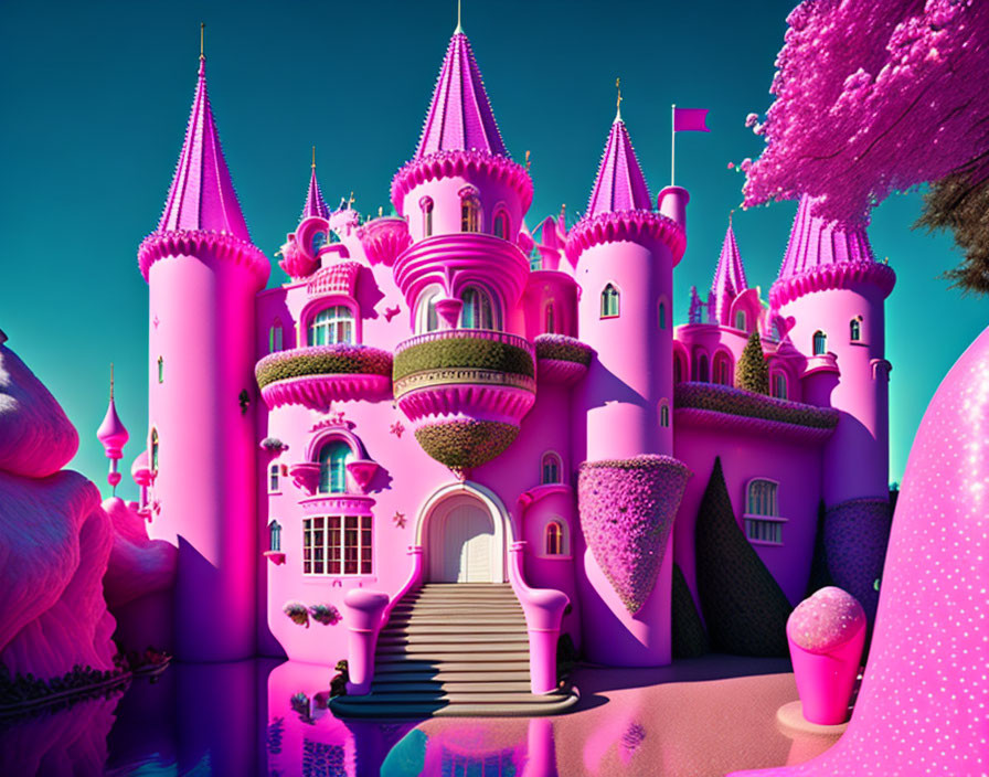 Pink fantasy castle with turrets and balconies in a whimsical setting