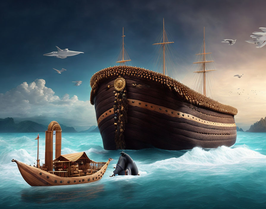 Surreal image of whale-shaped ship, traditional vessel, and swimming elephant