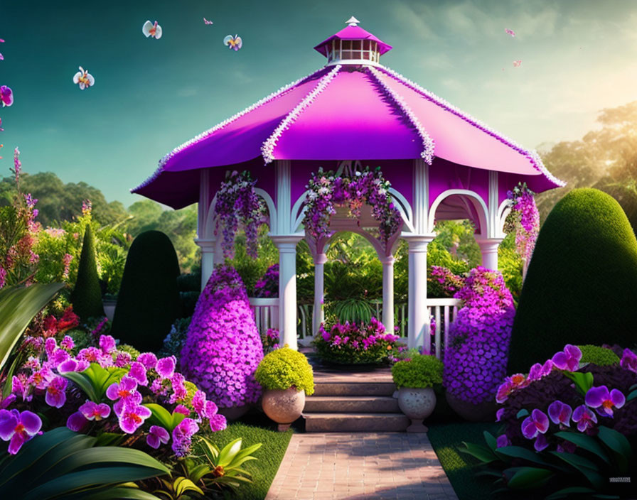 Pink-roofed gazebo in lush garden with butterflies