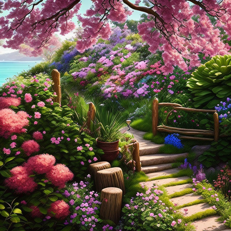 Scenic garden path with vibrant flowers and ocean view