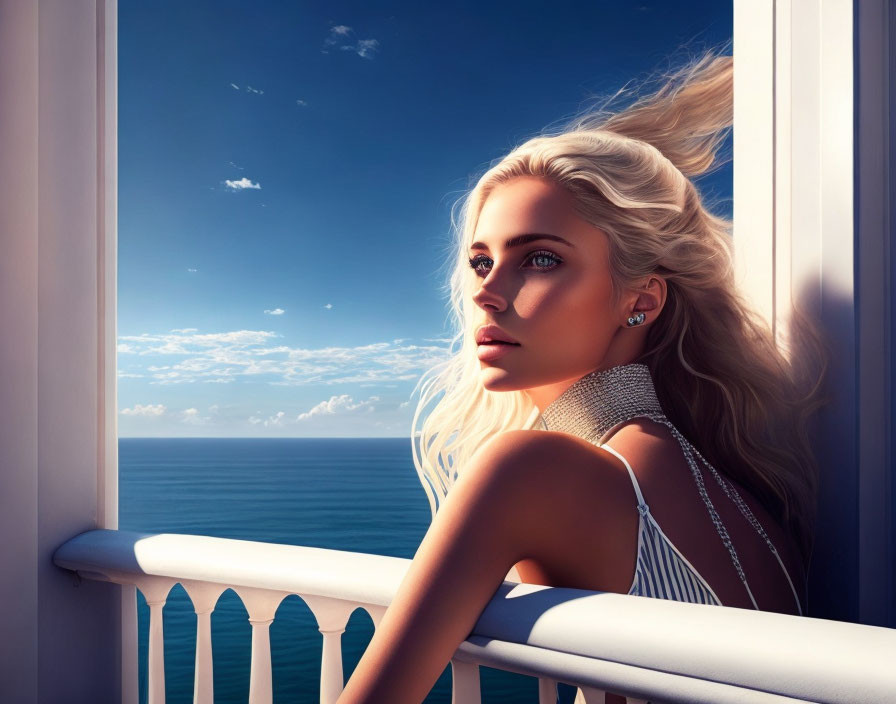 Blonde woman looking out window at seascape