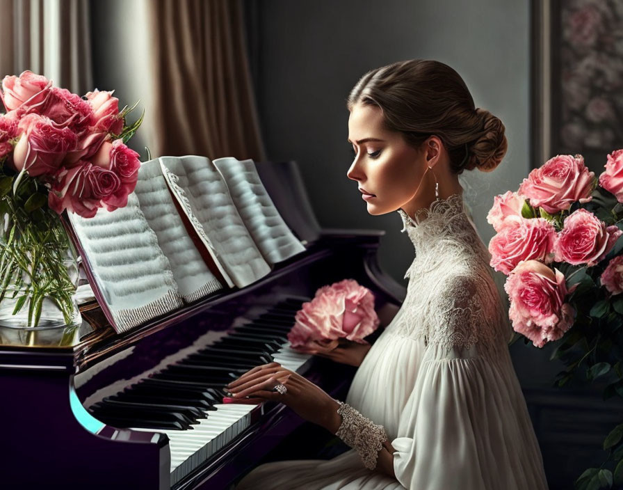 Woman in white dress playing grand piano with pink roses in softly lit room