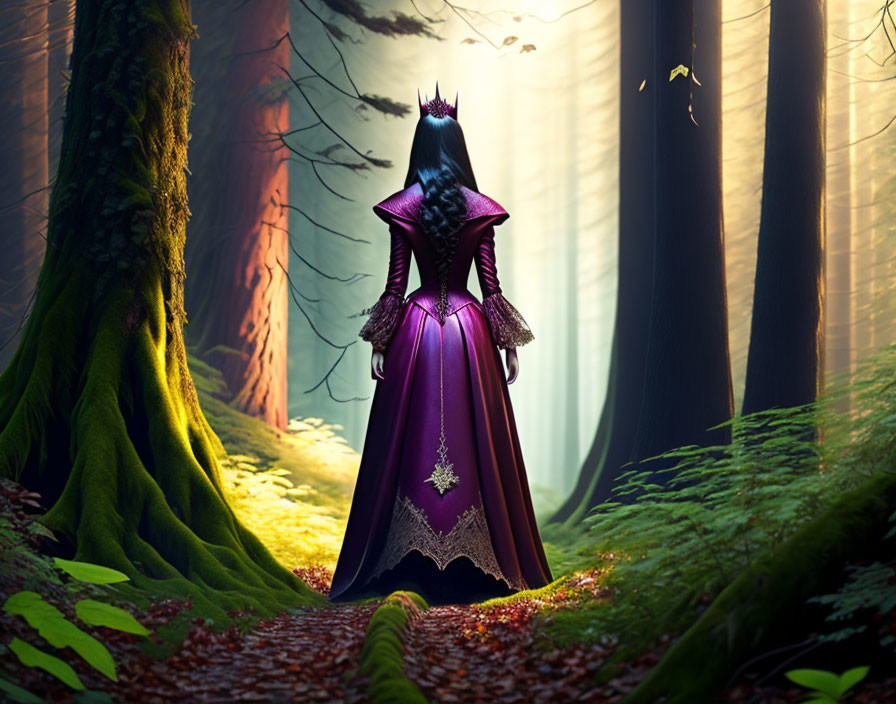 Medieval woman in purple dress with crown in mystical forest