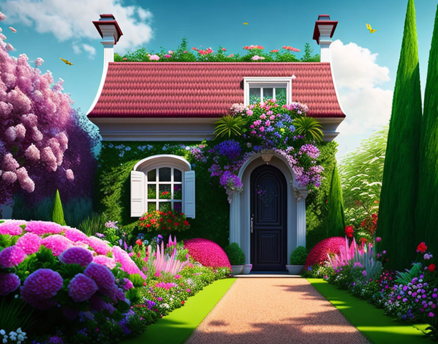 Colorful garden with red roof house, flowers, greenery, butterflies, blue sky