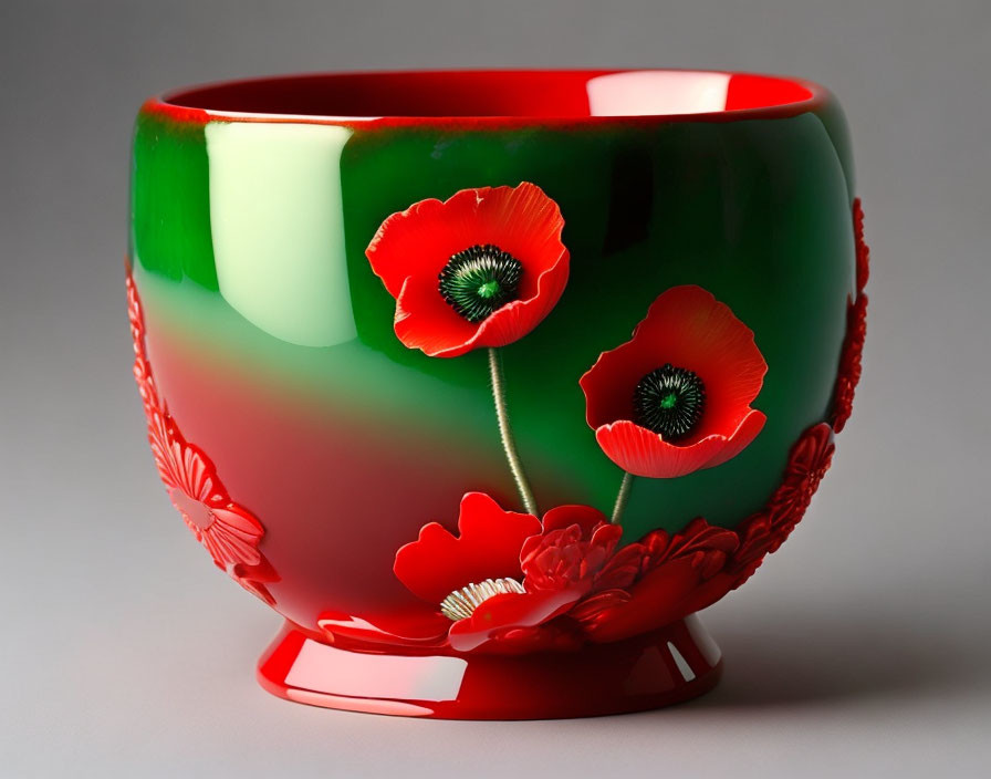 Colorful Ceramic Bowl with Poppy Flower Designs on Neutral Background