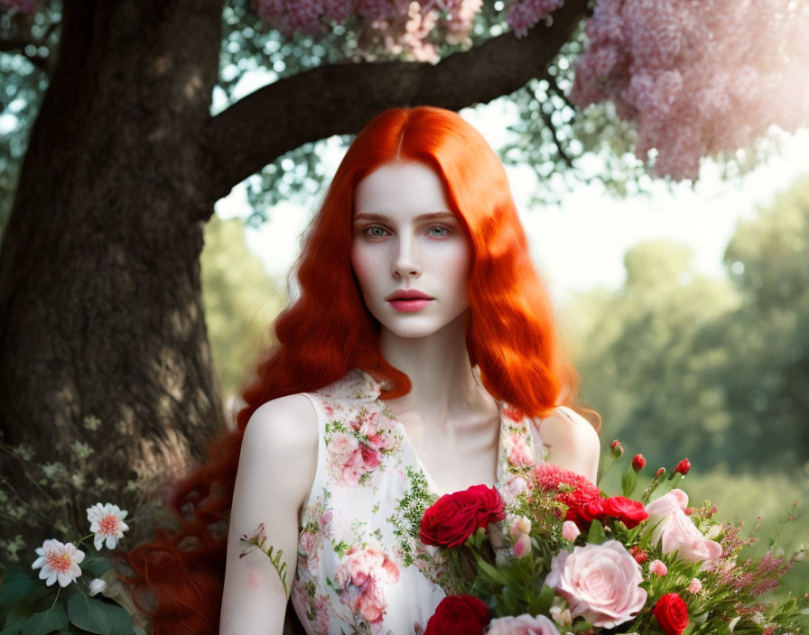 Red-haired woman holding roses in nature setting