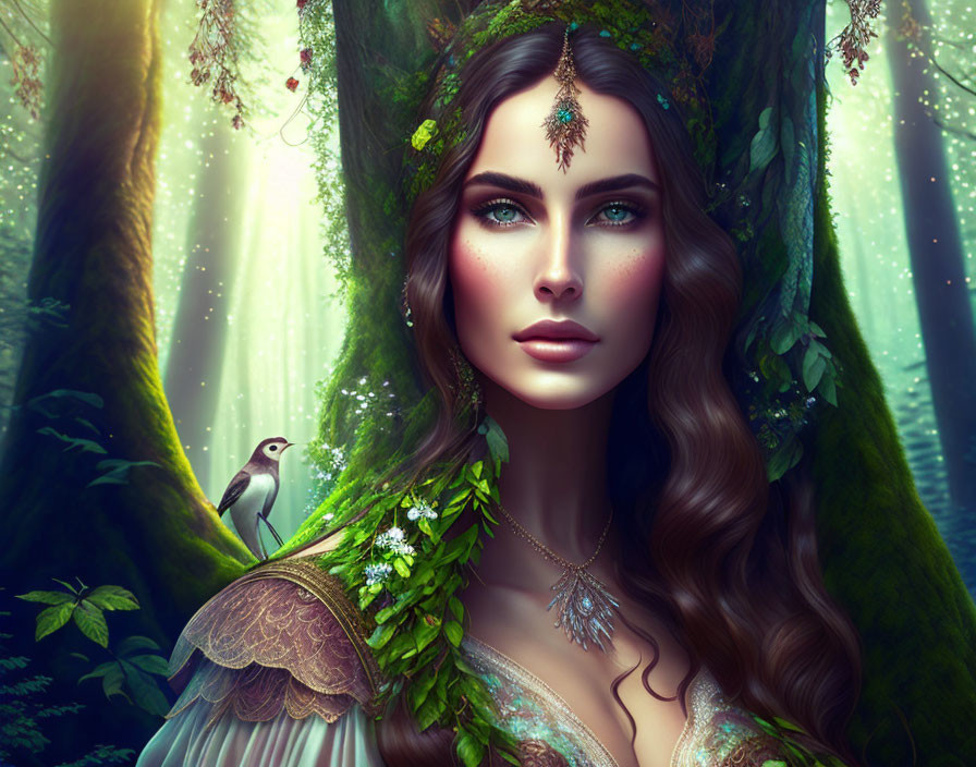 Fantasy illustration of woman in green attire with bird in magical forest