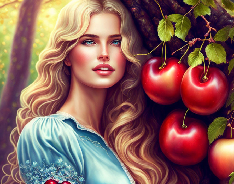 Blonde woman with blue eyes near ripe cherries on a tree