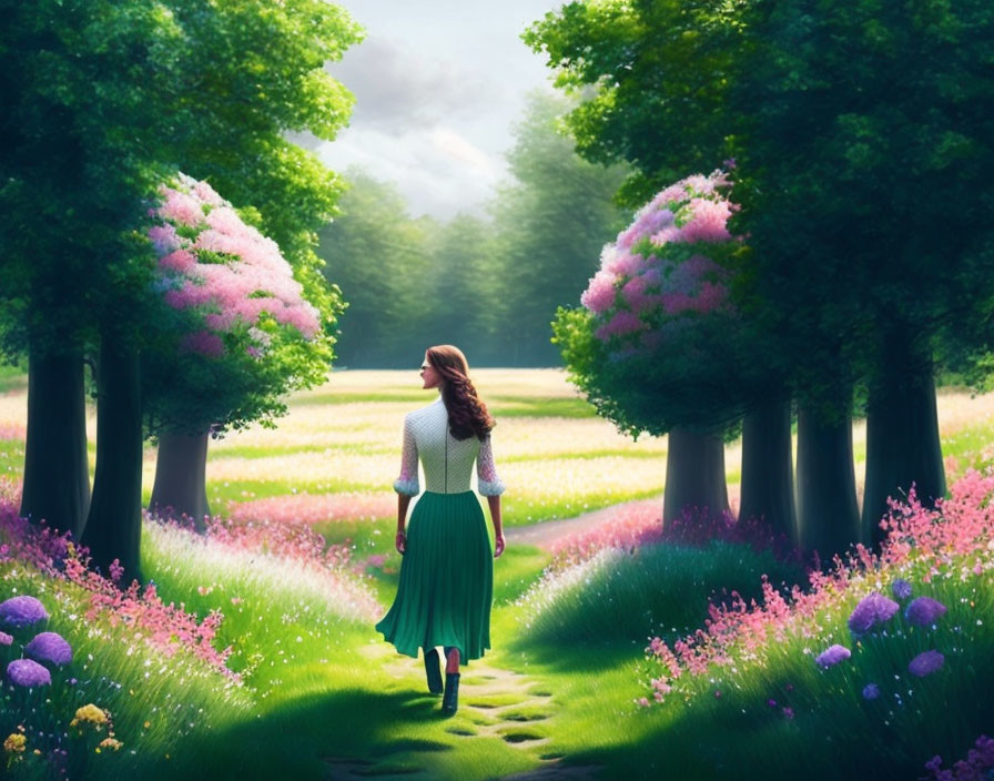 Woman in green skirt and white blouse walking on flower-lined path in vibrant landscape