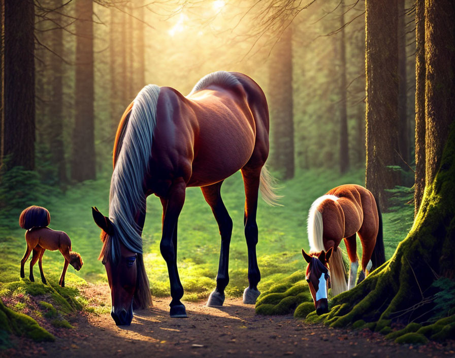 Three horses grazing in sunlit forest clearing