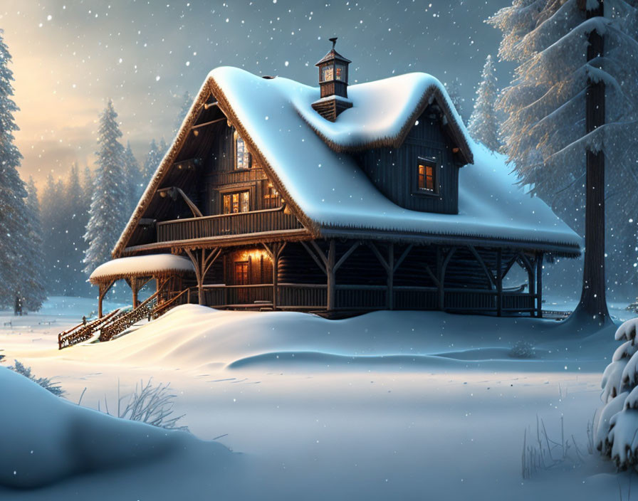 Snow-covered log cabin in illuminated snowy forest