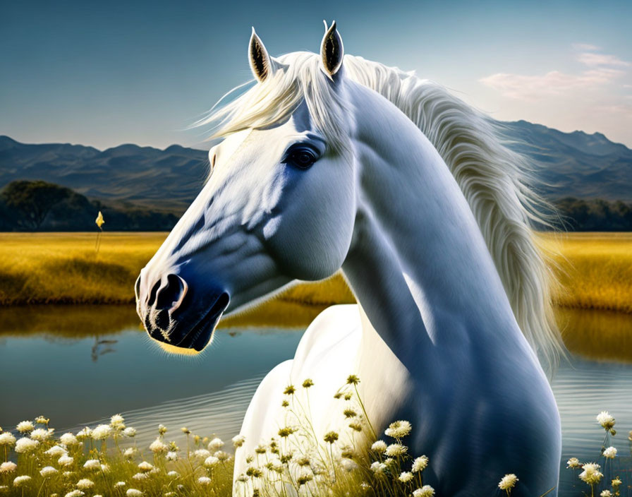 White horse with flowing mane by tranquil lake and mountains.