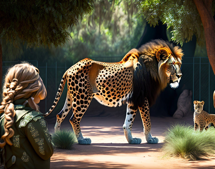 Braided woman gazes at lion-cheetah hybrid in lush scenery