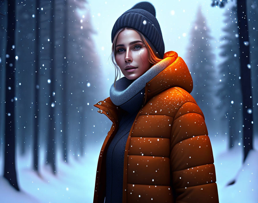 Person in Orange Jacket Standing in Snowy Forest