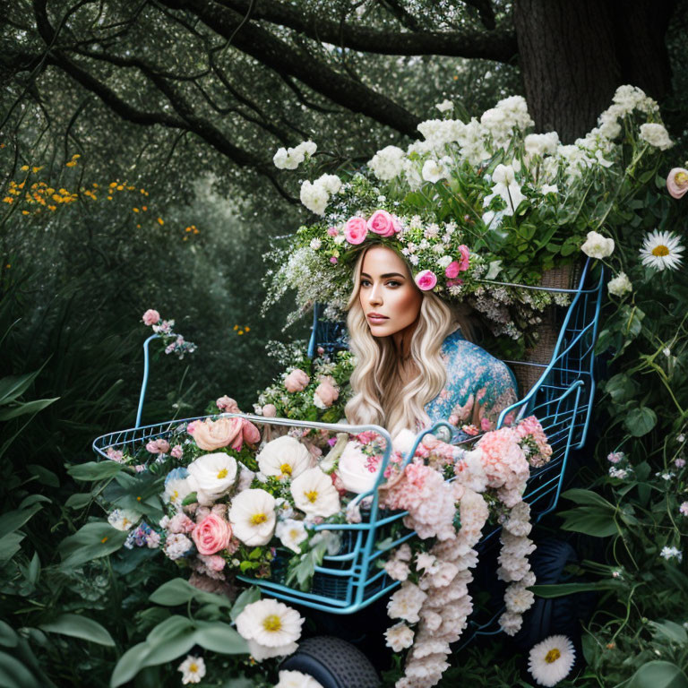 Woman with floral headdress in blue shopping cart surrounded by greenery.