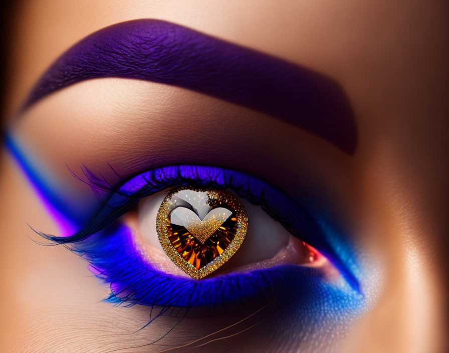 Close-up of eye with heart-shaped pupil, golden glitter, purple and blue eyeshadow