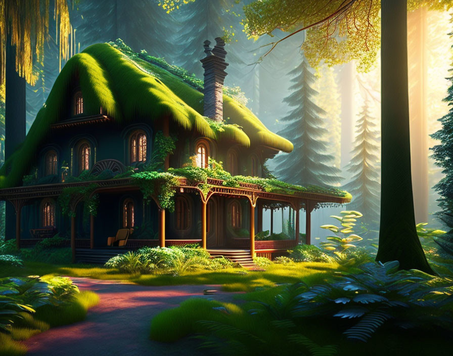 Enchanted forest cottage with moss-covered roofs