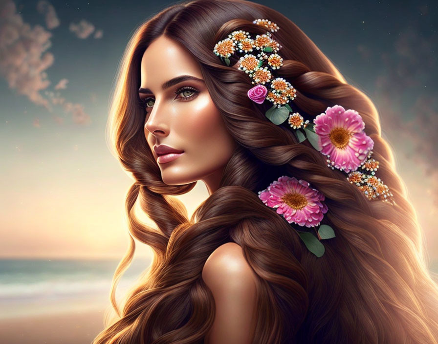 Illustrated woman with long, wavy hair and flowers on beach at sunset