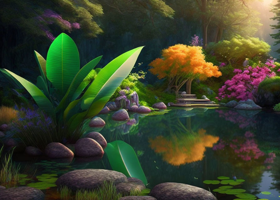 Tranquil landscape with vibrant foliage, flowering bushes, pond, and stone pathway