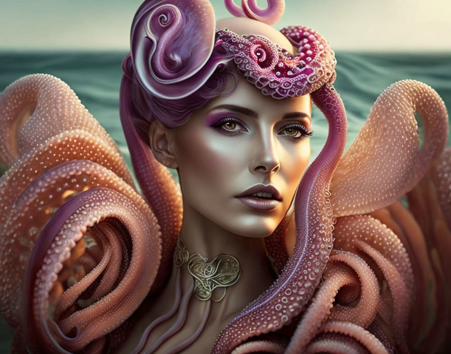 Surreal portrait of woman with octopus-like elements in earthy tones