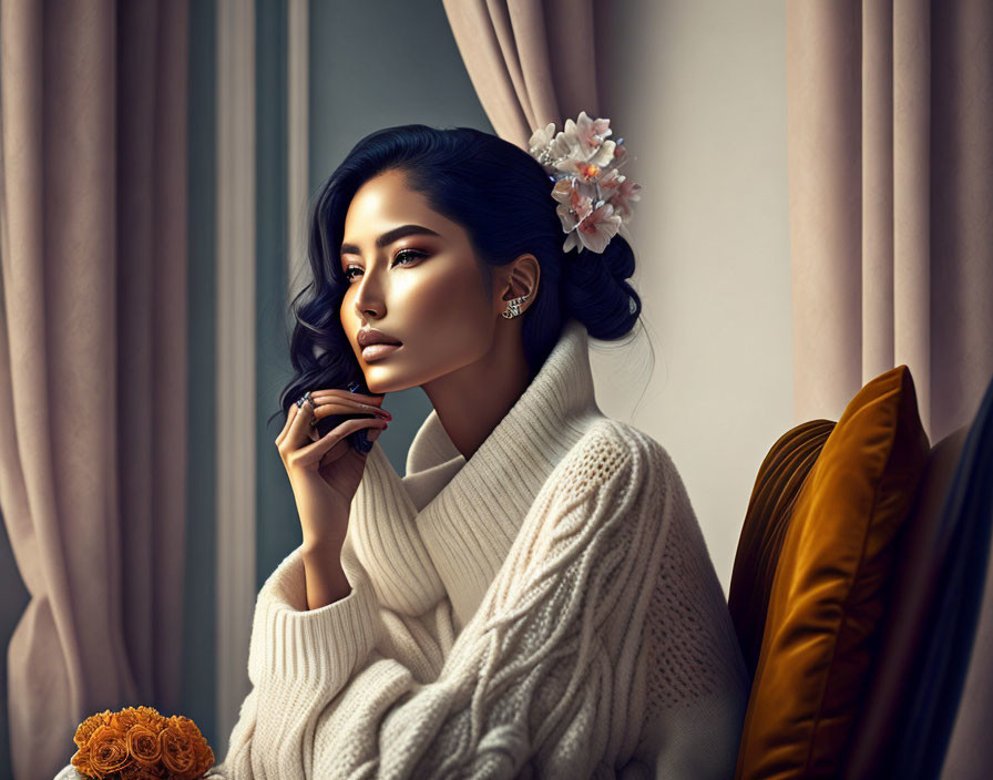 Dark-haired woman in white sweater by window with flowers