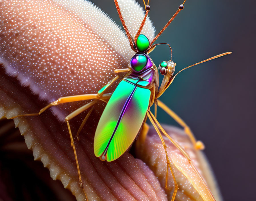 Colorful iridescent insect with long antennae on brown surface