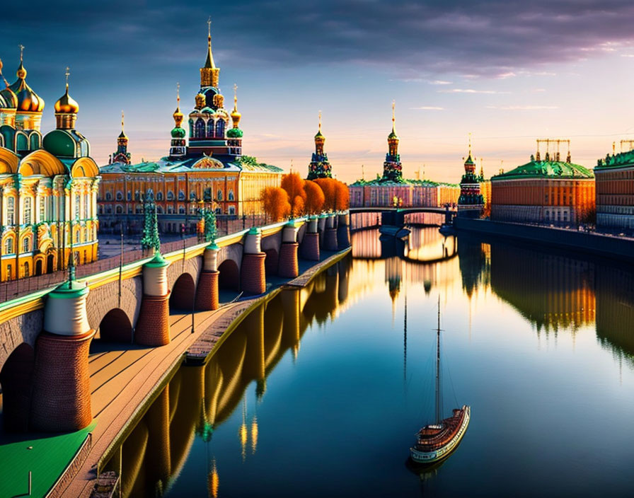 Colorful Russian church domes by calm river and orange tree promenade at twilight