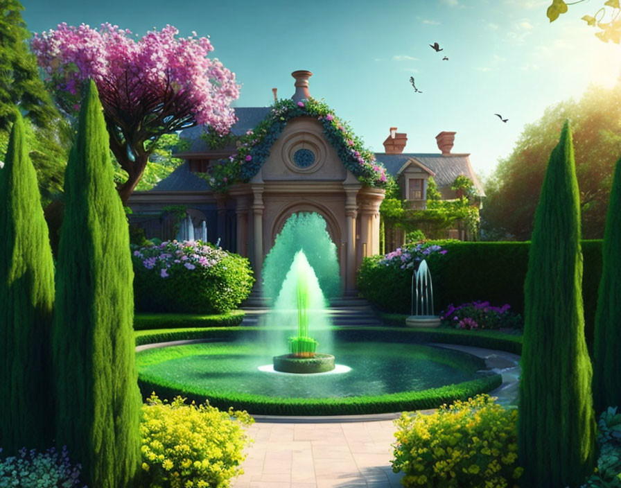 Symmetrical fountain, vibrant flowers, trimmed hedges in serene garden setting