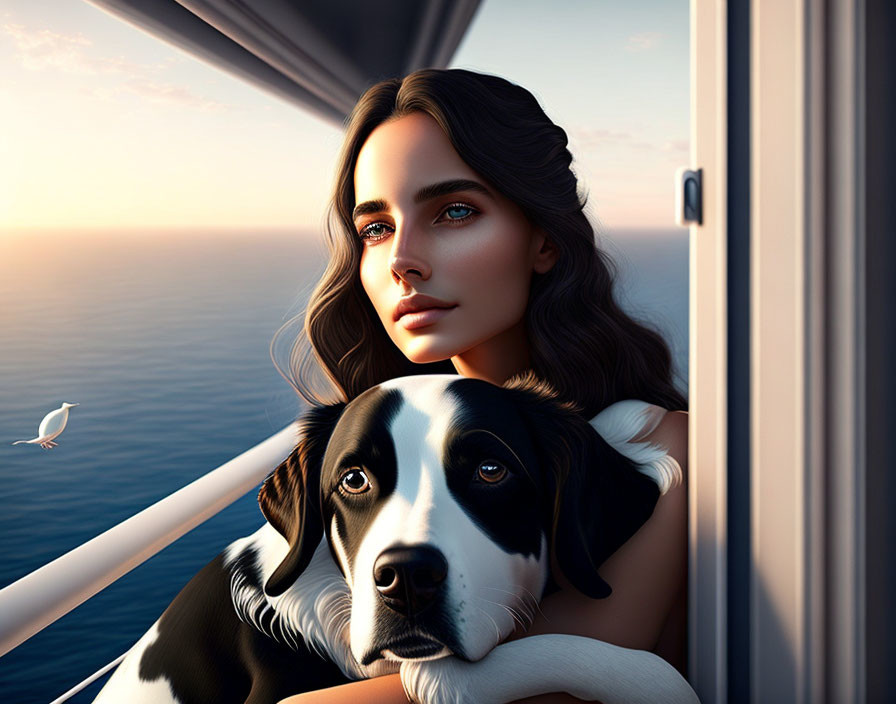 Dark-haired woman hugs dog on ship, gazing at ocean and seagull.