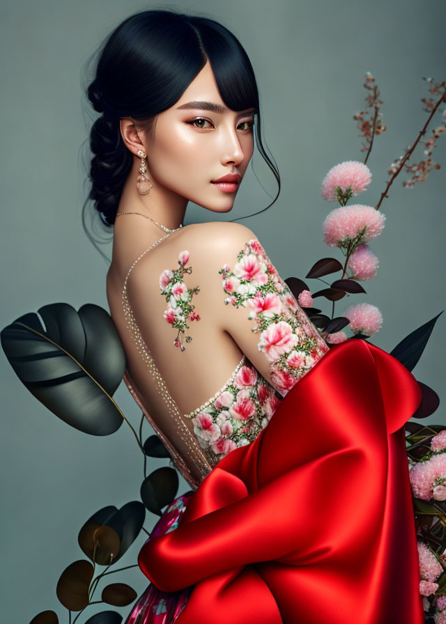 Woman with floral tattoo in red dress surrounded by pink flowers and green leaves