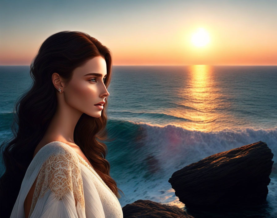 Dark-haired woman in white attire gazes at ocean sunset from cliffside