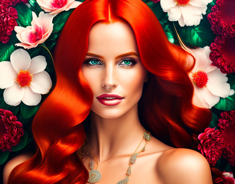 Vibrant red-haired woman with blue eyes in floral setting wearing gold necklace