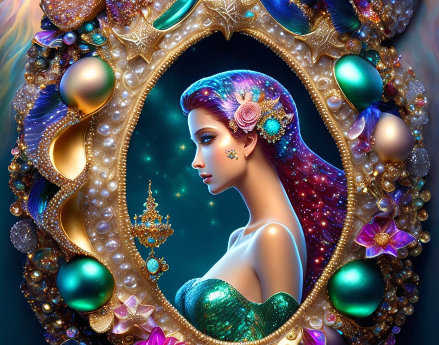 Fantastical portrait of a woman with cosmic hair and starry background framed by ornate golden mirror