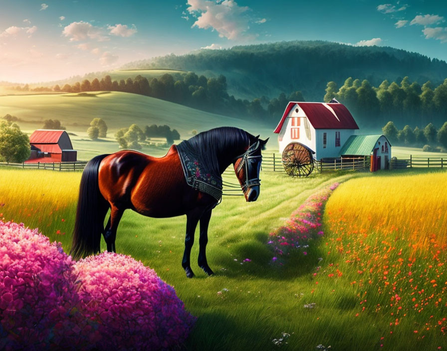 Horse in Vibrant Meadow with Pink Flowers and Farmhouse at Sunrise/Sunset