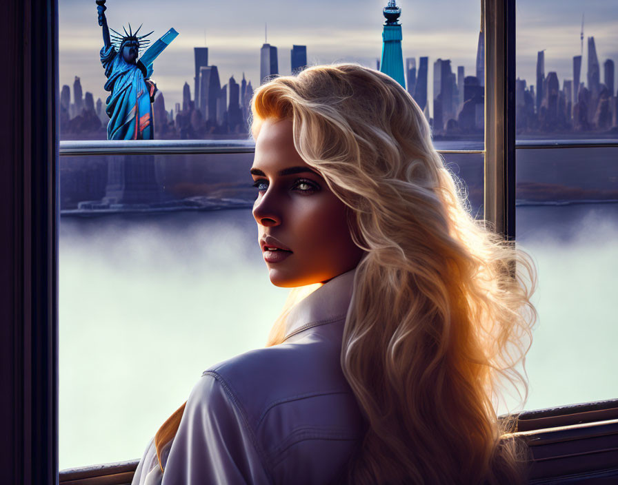 Blonde woman looking out window with Statue of Liberty and NYC skyline at twilight