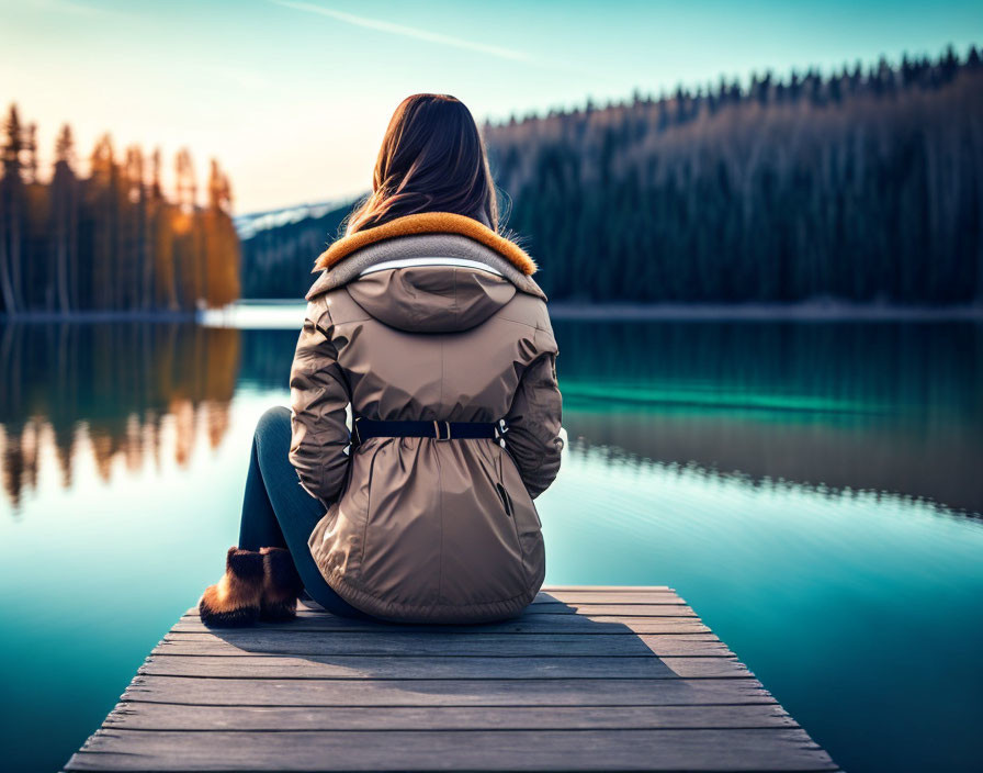 Woman in beige jacket on wooden pier by tranquil lake at dusk