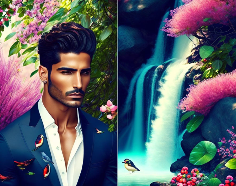 Stylish man with beard in vibrant jungle setting